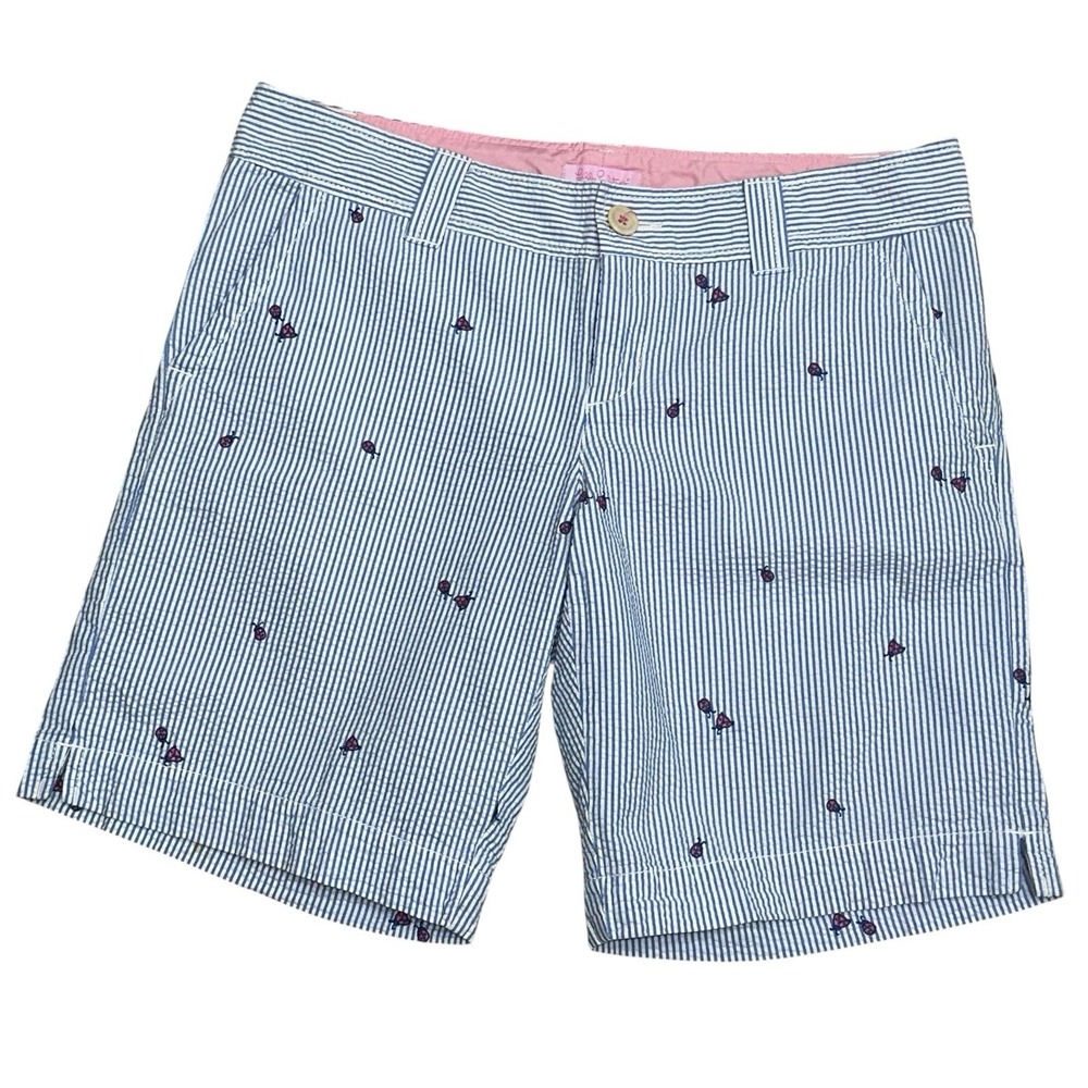 Lilly Pulitzer Womens Shorts Size 10 Blue White Seersucker Ladybug 9" Inseam